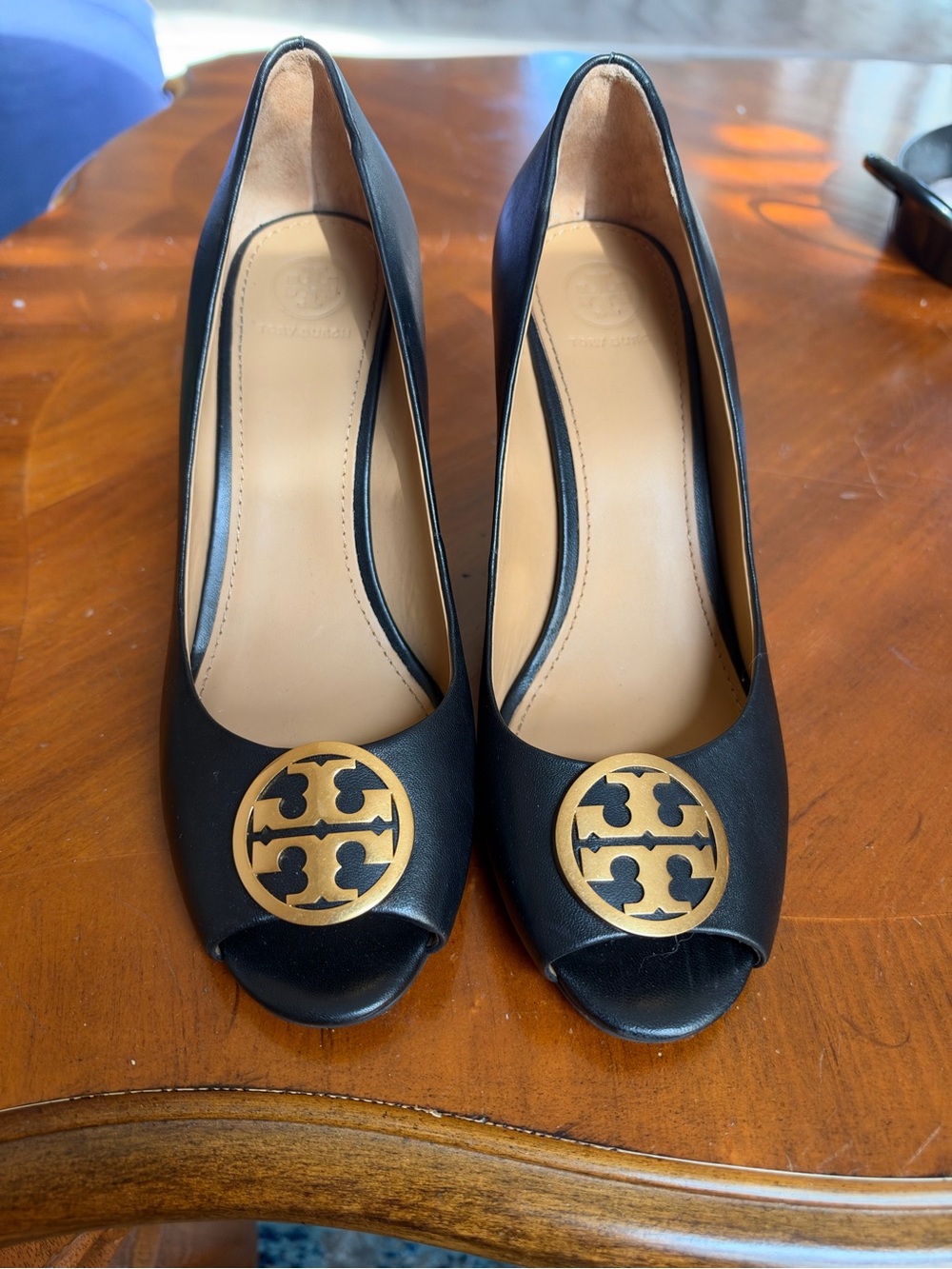 Tory Burch Black Leather Peep-Toe Heels with Gold Logo